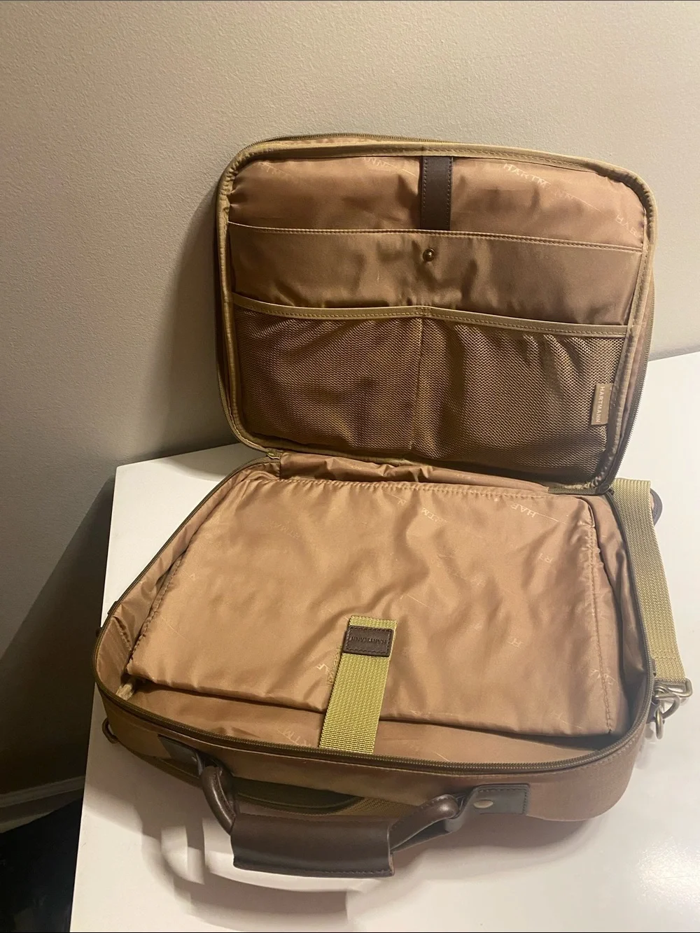Hartmann Nylon Computer Case Double Compartment Laptop Bag Khaki Brown Leather